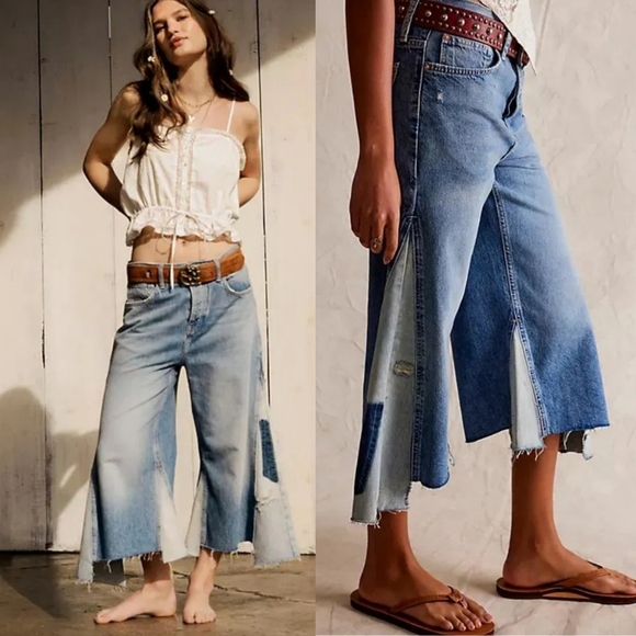 NWT Free People We The Free Ripple Wide-Leg Pieced Cropped Jeans Size 25 Tall - Picture 1 of 16